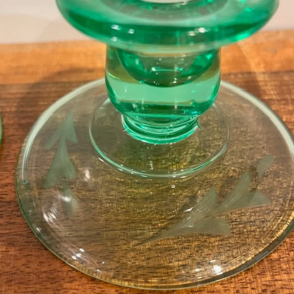 Pair Vintage Green Depression Uranium Glass Candle Stick Holder Etched Leaf Base